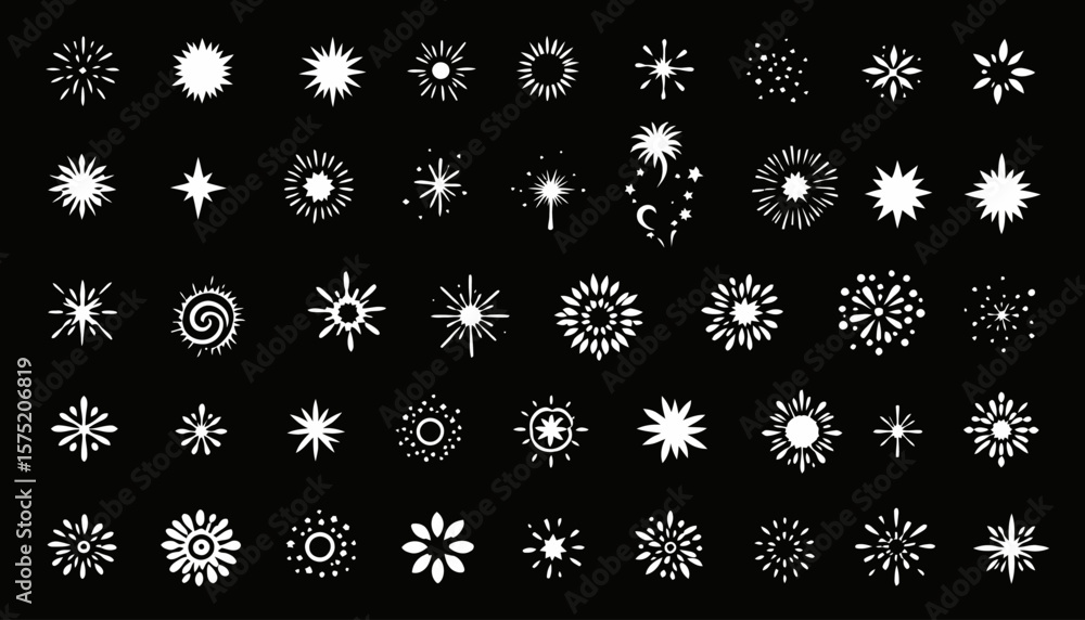Poster a collection of various white abstract starburst and explosion graphic elements on a black backgroun