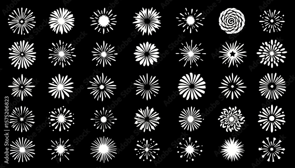 Poster collection of vector fireworks in various burst shapes and sizes, presented in a png format, perfect