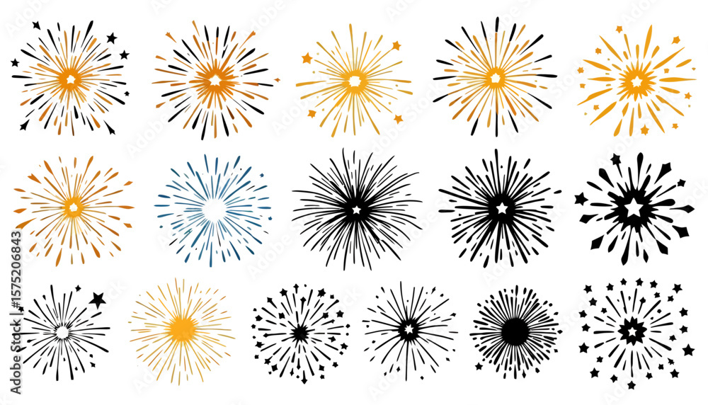 Poster a collection of hand-drawn vector fireworks and starburst elements in various styles and colors, per