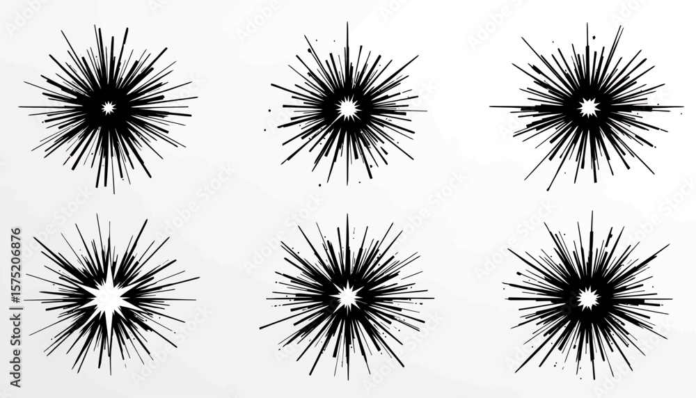 Poster a collection of six abstract black vector starbursts resembling exploding fireworks or radiating lig