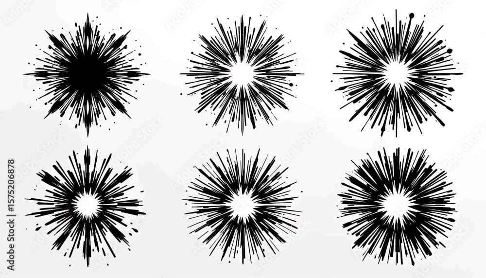 Aufkleber a collection of dynamic black and white radial starburst and explosion graphic elements, perfect for