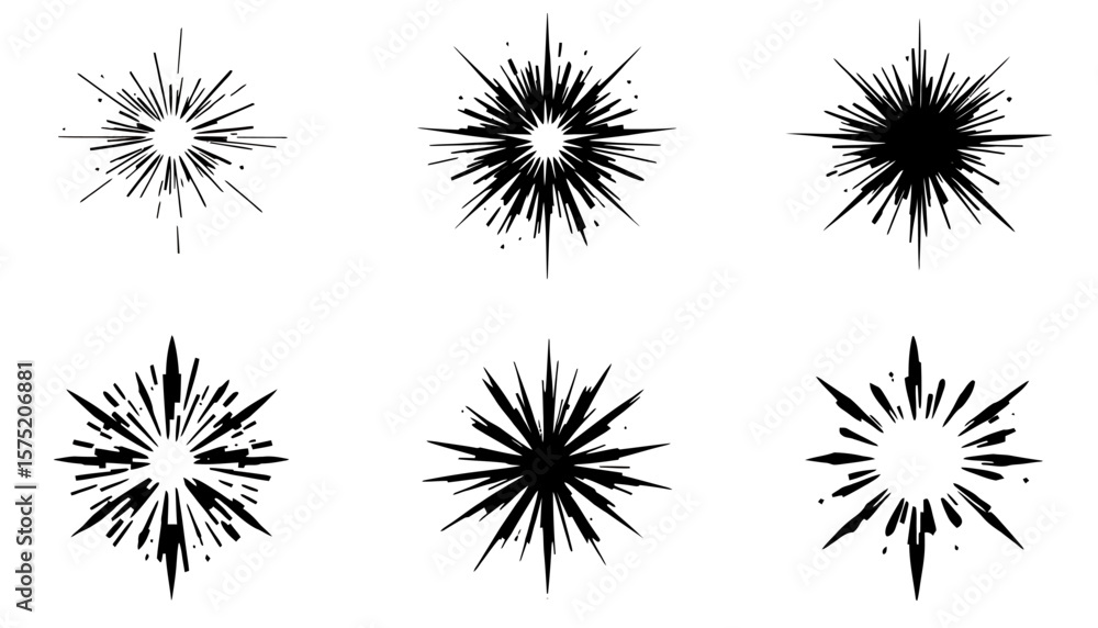 Poster a collection of black and white vector fireworks bursting outwards, perfect for adding dynamic eleme