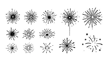 A set of hand-drawn fireworks illustrations in a vector format, perfect for celebratory designs, adding a touch of festive flair to any project or event.
