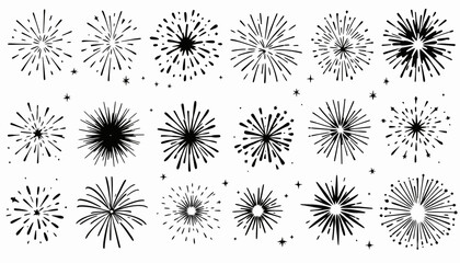 Obraz premium A collection of diverse black and white vector fireworks bursts and starburst elements, perfect for graphic design and celebratory themes.