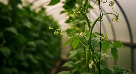 Bean Plant Growing in a Greenhouse Climbing Upwards