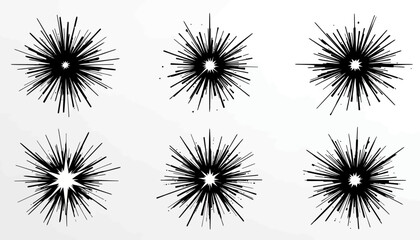 A collection of six abstract black vector starbursts resembling exploding fireworks or radiating light, isolated on a clean background.