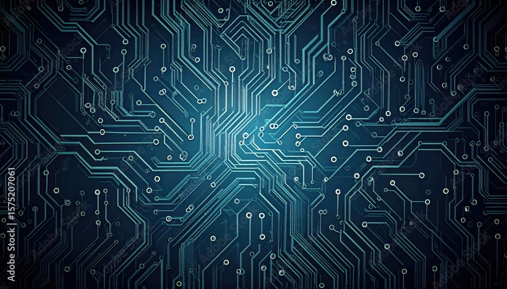 Poster intricate blue circuit board trace pattern against dark background representing digital technology