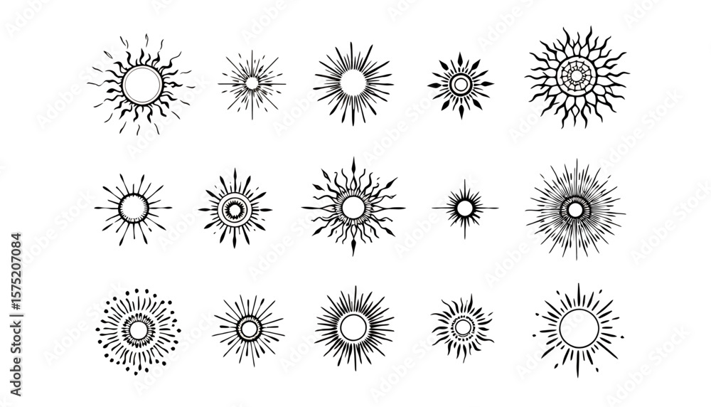 Aufkleber a collection of intricate vector sunburst designs in a clean, minimalist style, perfect for adding a