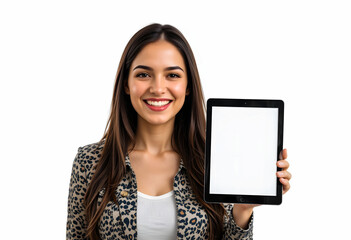A cheerful young woman holds up a tablet with a blank white screen, offering ample copy space for your custom message or design.