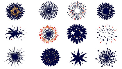 A collection of vibrant, vector-based fireworks illustrations in PNG format, perfect for adding celebratory flair to designs, projects, and festive occasions with dynamic visual appeal.
