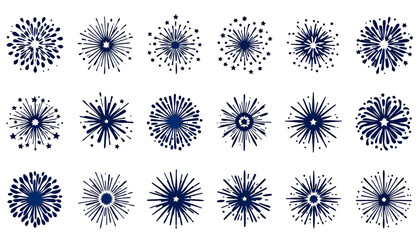 Obraz premium A collection of vector graphics depicting various bursts of fireworks, ideal for adding celebratory elements to designs, available in a transparent PNG format.