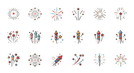 A vibrant collection of colorful flat design vector fireworks and firecracker icons, ideal for celebrating holidays, festivals, and special events.