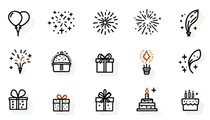 Fototapeta premium High-quality vector PNG icons of fireworks, gifts, cakes, and balloons, perfect for celebrating birthdays, holidays, or any festive occasion. These versatile designs are ideal for invitations,