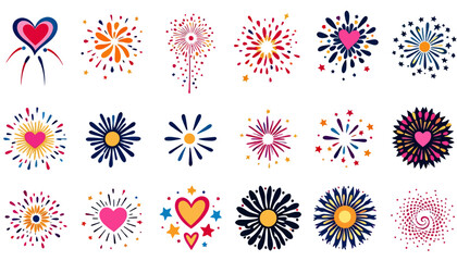 A vibrant collection of stylized fireworks bursts and heart shapes, perfect for celebrating special occasions and festive events with a touch of joy and color.