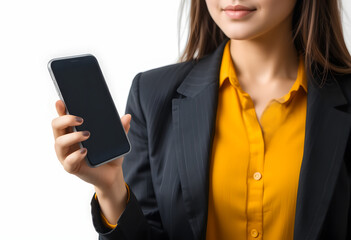 A mobile phone with an empty screen held vertically by a businesswoman, inviting engagement.