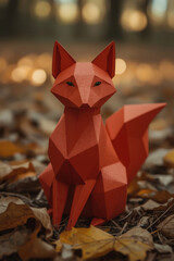 Geometric Red Fox Papercraft in Autumn Forest Setting