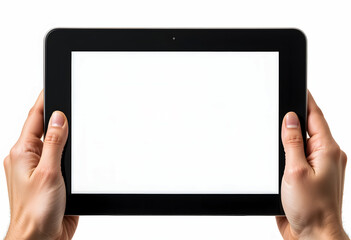 a close-up of hands holding a tablet with a customizable white screen, emphasizing user interaction and digital integration.