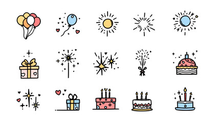 Fototapeta premium A festive vector collection featuring various party elements such as fireworks, balloons, cakes, and gifts, all rendered in a cheerful and celebratory style suitable for graphic design.