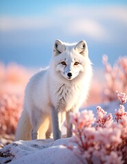 Obraz premium A graceful white fox stands alert in a pristine blanket of snow, its fur glistening in the soft winter sunlight, surrounded by a serene, snowy landscape.