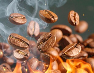 Coffee beans in motion over flames