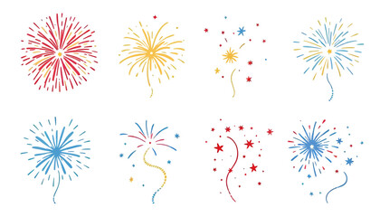 A vibrant collection of colorful fireworks illustrations displayed as isolated vector elements, perfect for festive celebrations and graphic design projects.
