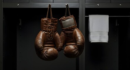 Boxing Gloves Hanging in Locker with Towel Gym Sport