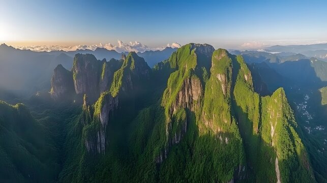 Majestic Sunrise Aerial View of Lush Green Mountains