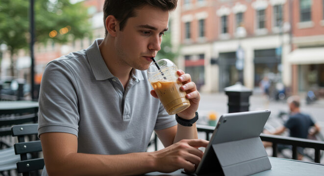 Young man enjoying an iced coffee while working on his tablet outdoors downtown