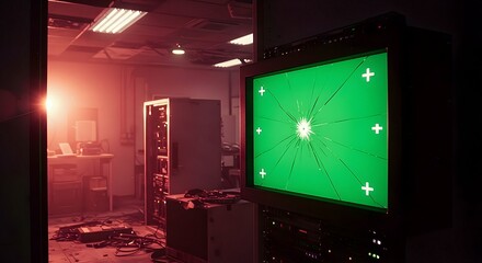 Broken Screen in Dark Tech Room Showing Green Key with Tracking Markers