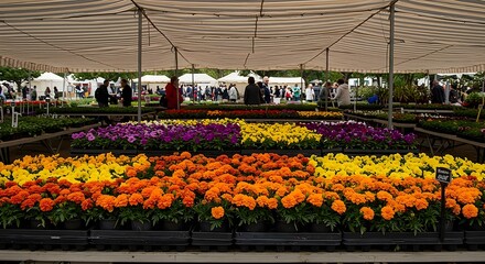 Browsing Flowers at an Outdoor Market Fair on a Sunny Day