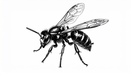 Obraz premium 墨絵風ハチの白黒イラスト