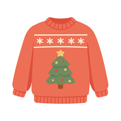 Red Christmas sweater with festive tree and snowflakes, sweater drawn in cozy winter style, sweater ideal for holiday visuals and themed merchandise design.