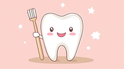 Cartoon tooth with toothbrush on pink background with star shapes around it