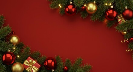 Christmas Decoration with Gift and Ornaments on Red Background