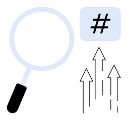 Magnifying glass focused on metadata tag beside upward arrows, symbolizing search, social trends, growth, popularity, audience engagement, digital marketing, and analytics. Ideal for social media