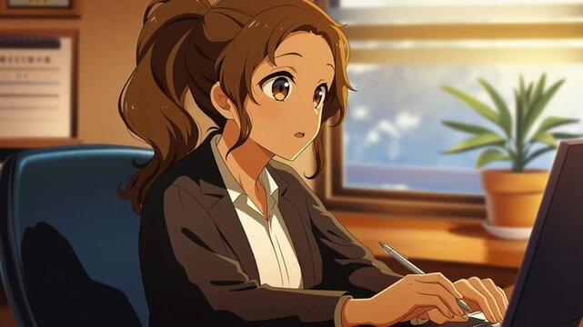 オフィスで働くアニメ調の美少女
