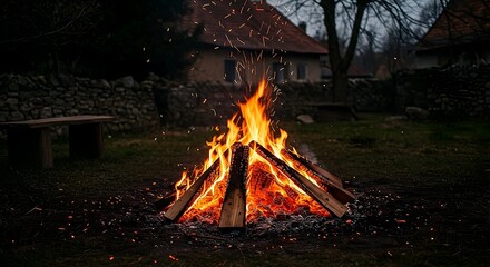 Campfire Burning Brightly in an Outdoor Setting at Night