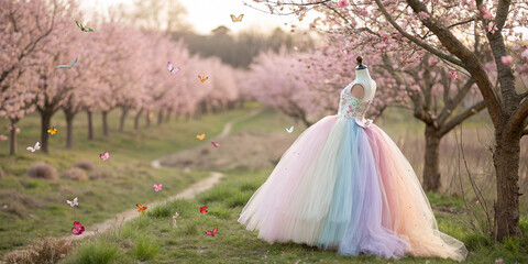 A pastel rainbow tulle princess dress for girls in a garden full of cherry blossom trees and butterflies, HD.
