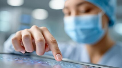 Focused woman doctor hand using futuristic touchscreen with advanced tech in medical field for modern healthcare innovation - Powered by Adobe