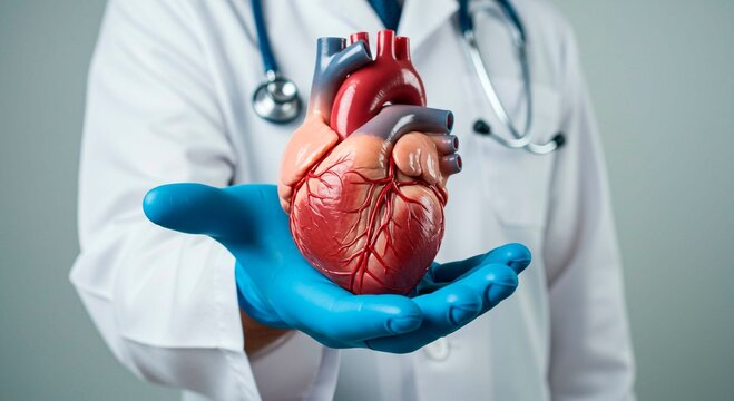 Doctor holding anatomical heart model in gloved hand wearing white coat close up