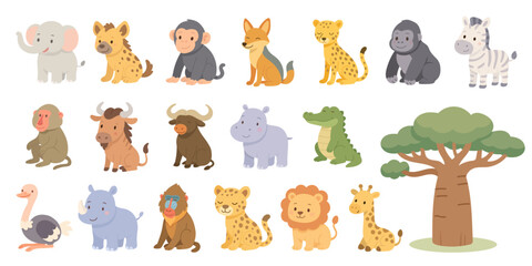 Cartoon set of African animals including lion, elephant, giraffe, zebra, and rhino, african animals designed in flat cute style, african animals perfect for safari-themed visuals.