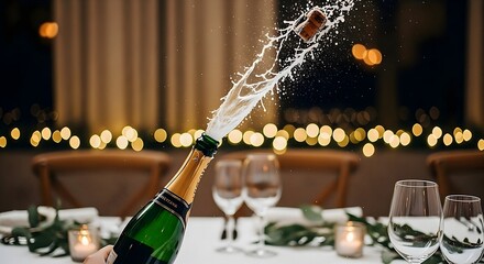 Champagne Bottle Opening with Splashing Liquid and Cork Flying