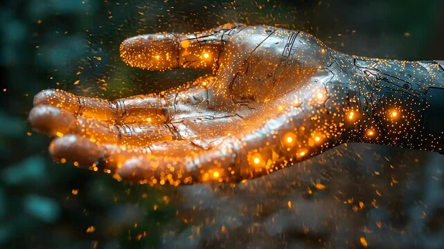 A hand, glowing with tiny lights, surrounded by sparks