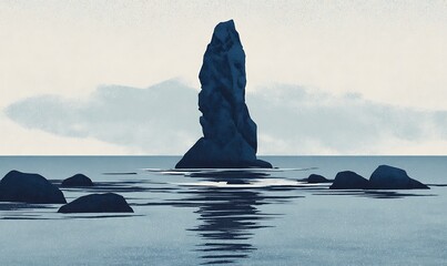 Monolithic rock formation in calm sea