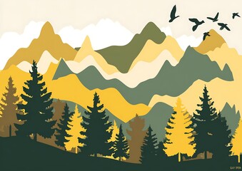 Layered mountains forest scene with birds