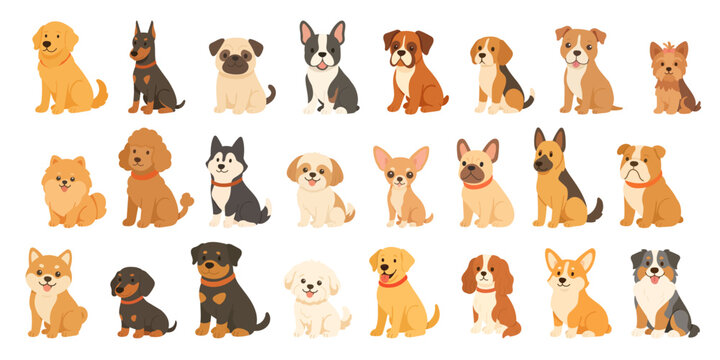 Flat cartoon illustration of multiple dogs including popular dog breeds like Labrador, Husky, Poodle, Shiba Inu, and Bulldog. These cute dogs are shown in a sitting pose, ideal for pet-themed designs