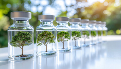 A sunlit lineup of clear vials, each nurturing a miniature tree in crystal liquid - Generative AI