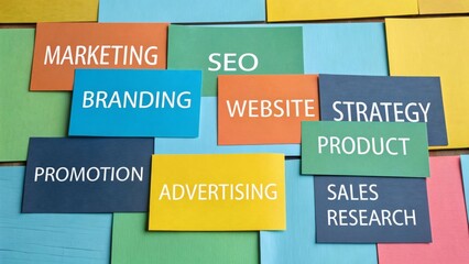 Stack of overlapping colorful cards with marketing-related terms such as SEO, branding, website, strategy, and advertising on clean background.