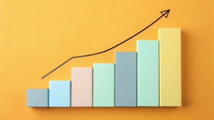 Bar chart with pastel-colored ascending bars on yellow background featuring upward arrow trend representing growth, performance metrics, and statistical progress.