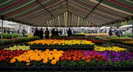 Colorful Flowers at Open Air Market Stall with People Shopping